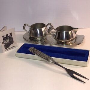 Konge-Tinn Norway Pewter Creamer Sugar Tray Set and fancy fork vintage souvenirs